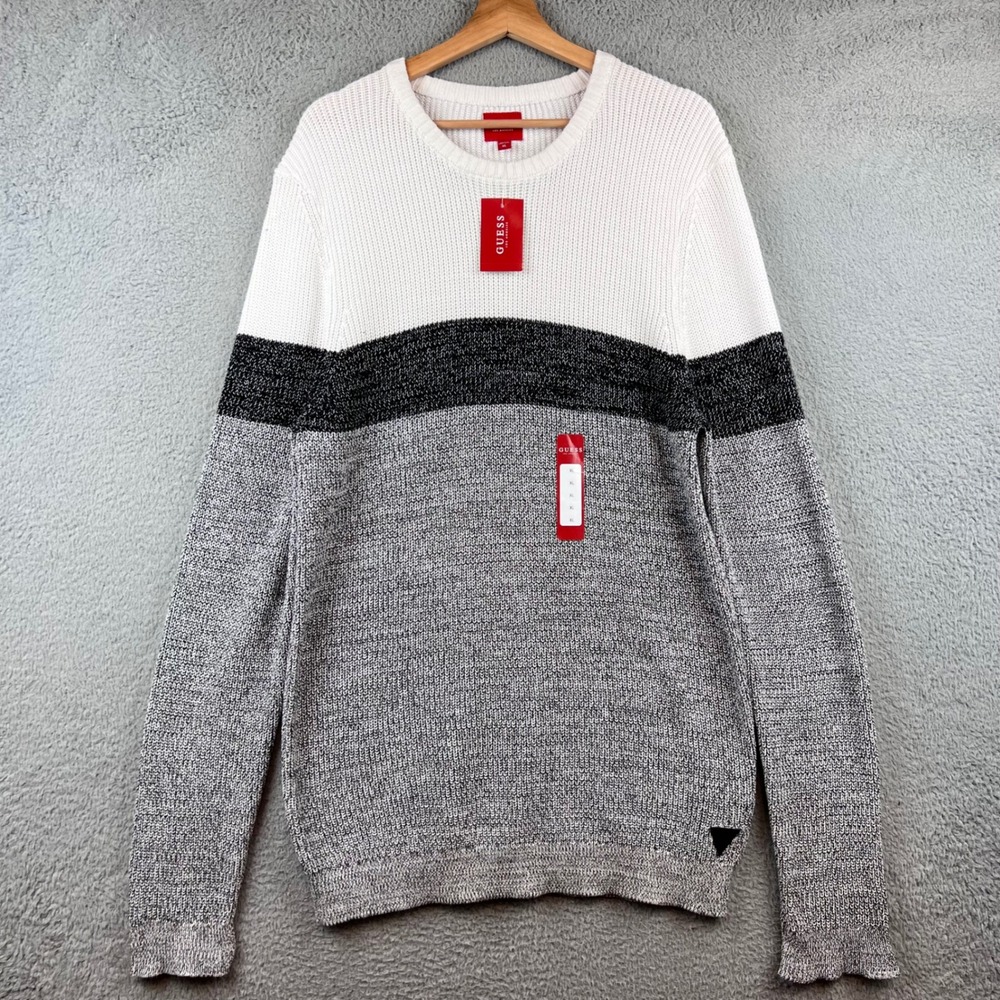 New Guess Mens Alfen LS Crew‎ Sweater White Multi Color Block Knit XL